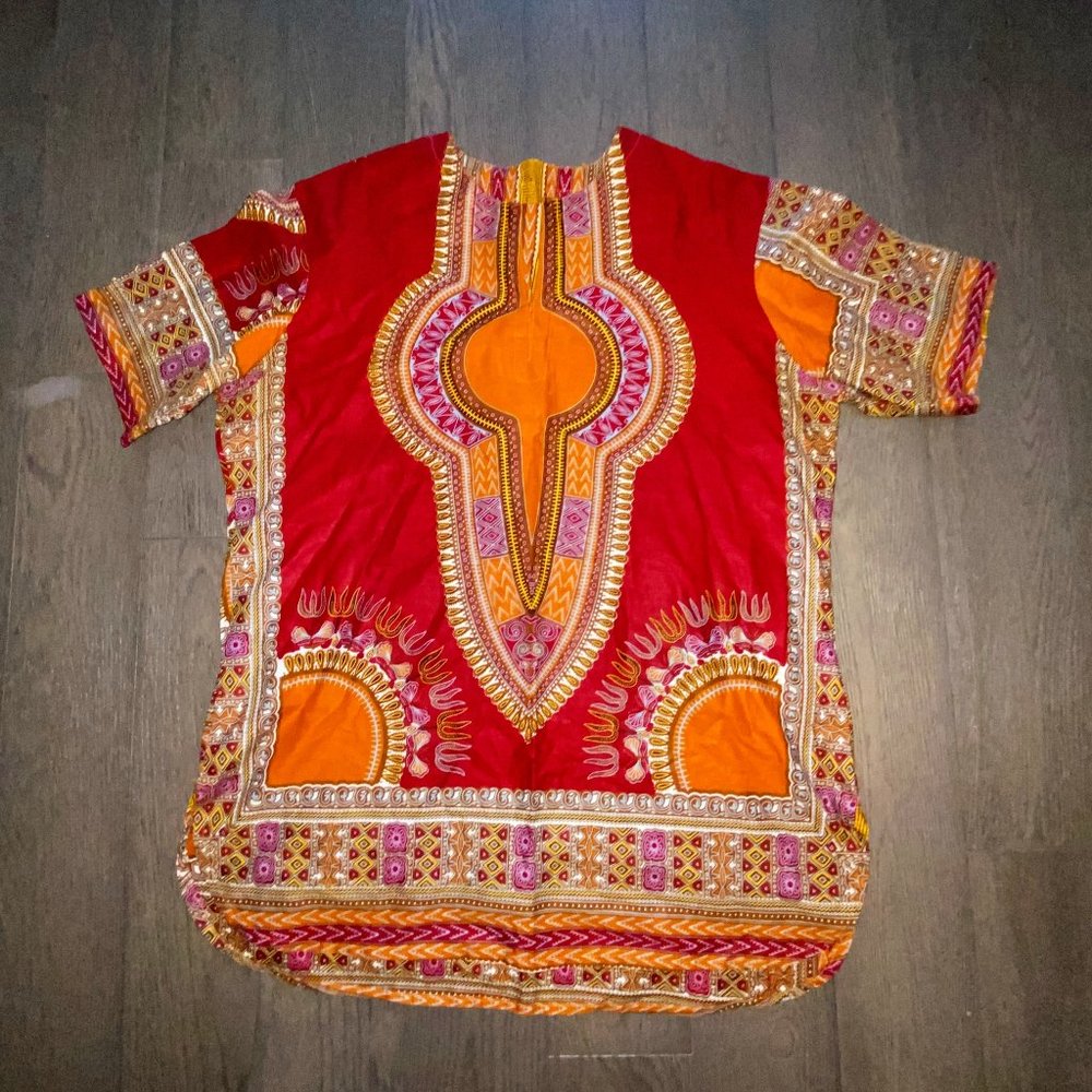 Traditional African Style Cotton Top Shirt Men Medium Red Orange